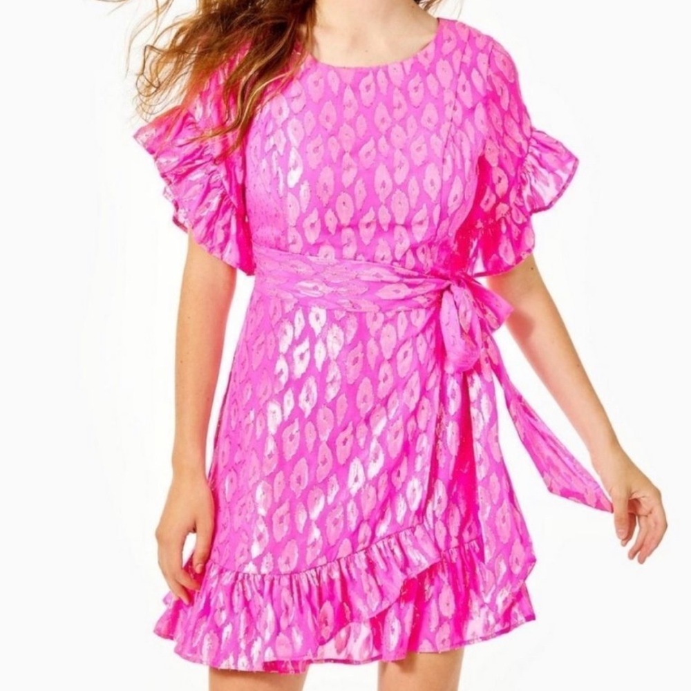 Lilly Pulitzer Darlah Silk Mini Dress in Razberry Leopard
Metallic Print.